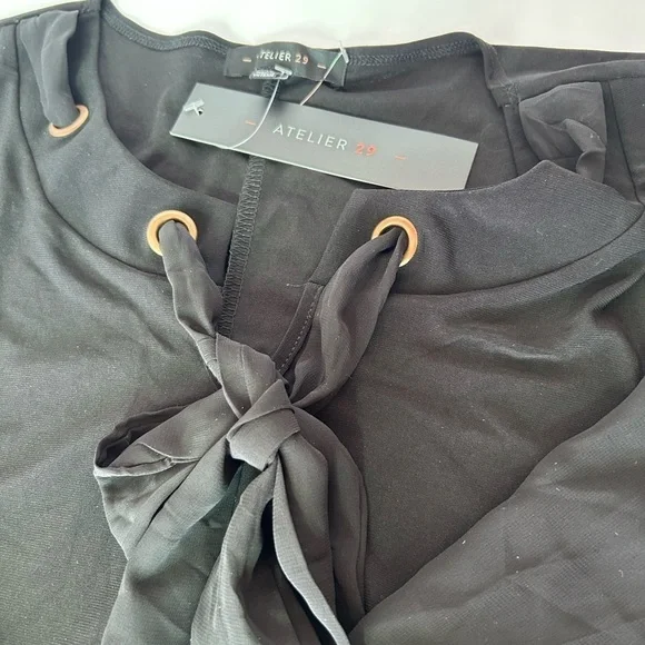 Atelier 29 Black Tie Front Blouse with Sheer Sleeves NWOT - Picture 4 of 6